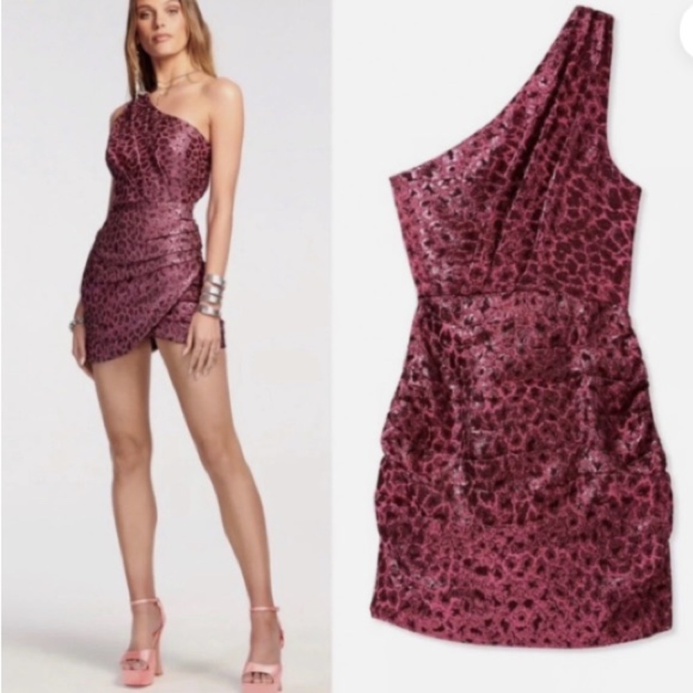 Ramy Brook One-Shoulder Sparkly Pink Mini Dress with leopard print